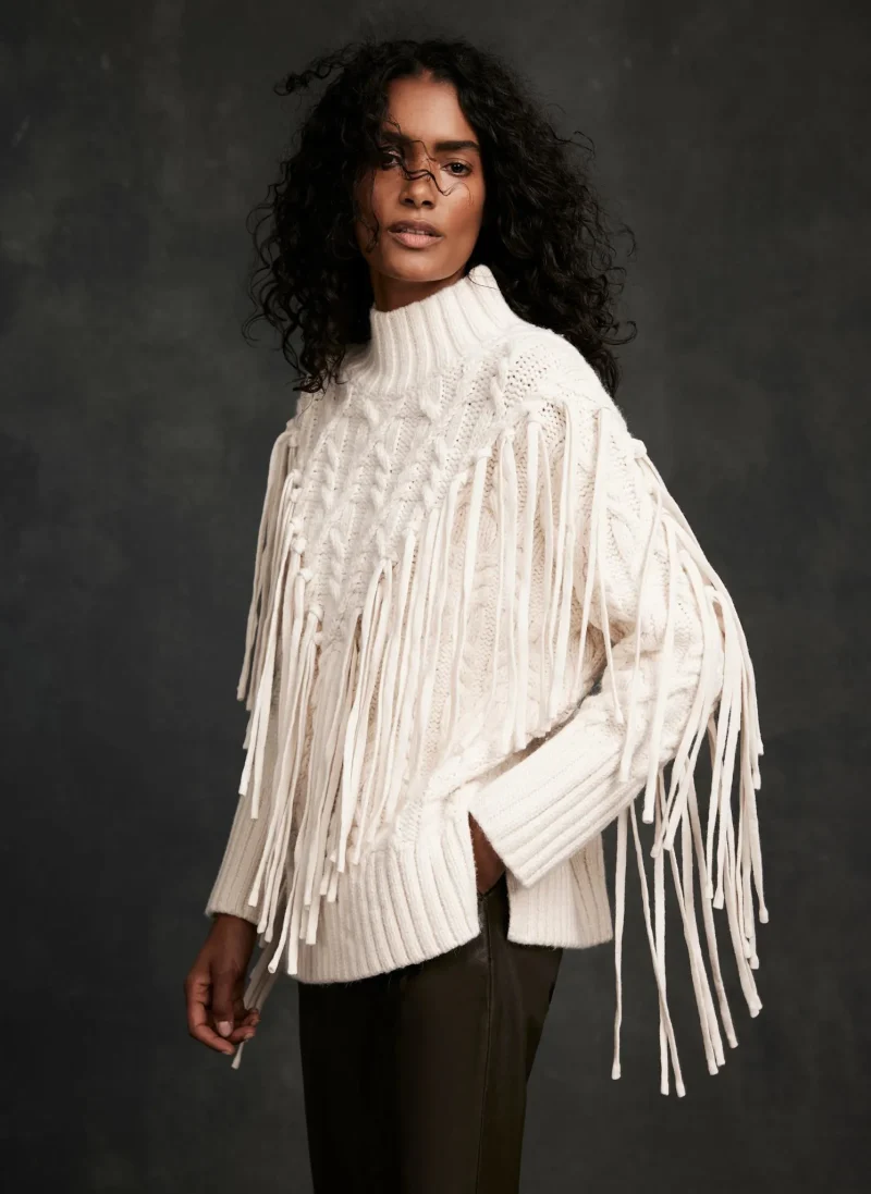 fringed cable knit cream pullover