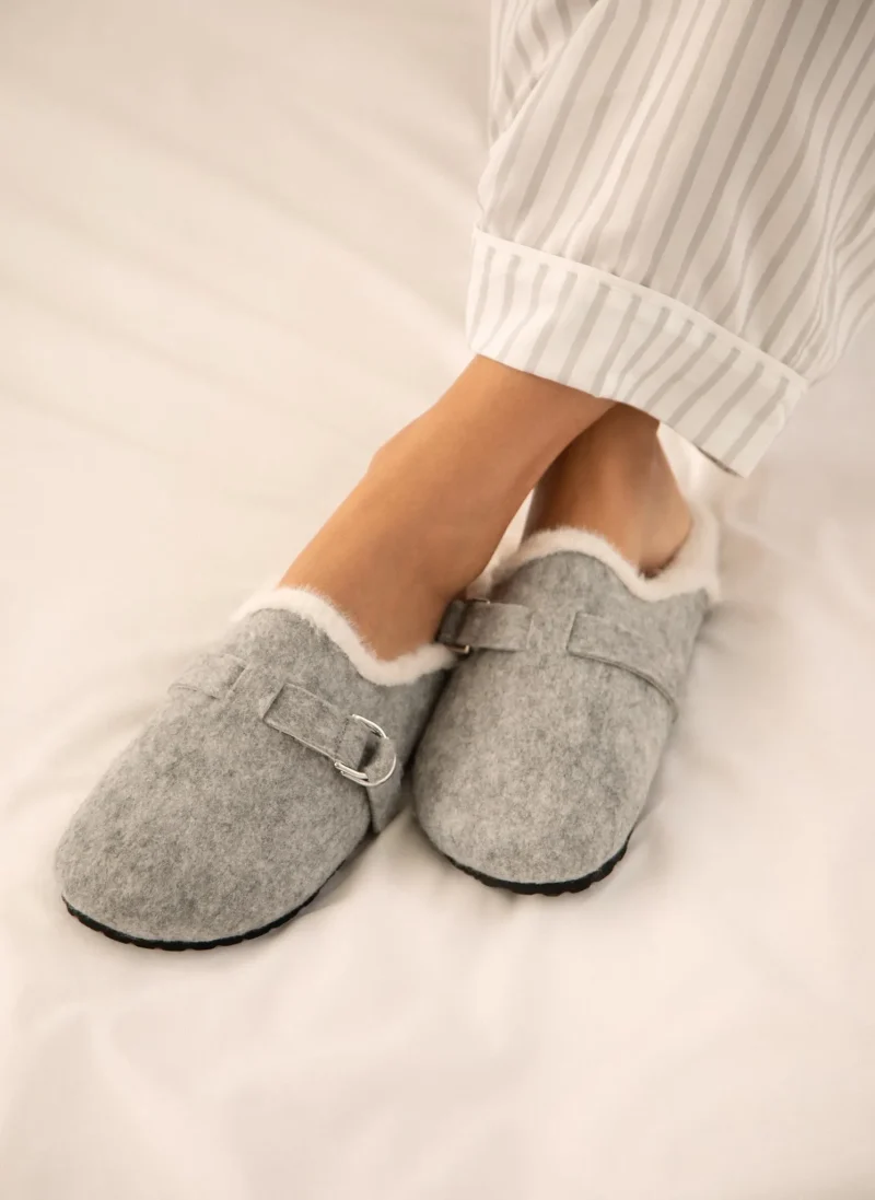 gray felt clog slip ons