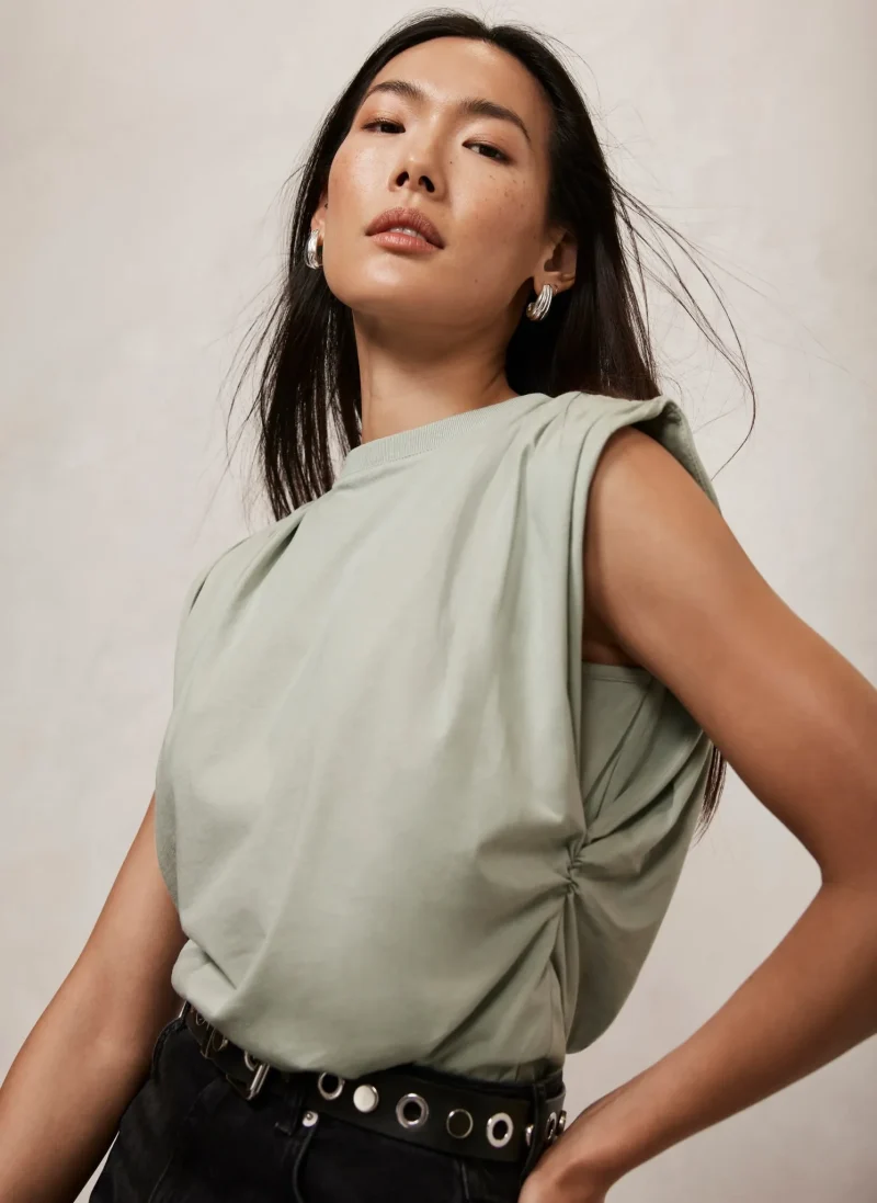 green ruched shoulder tee