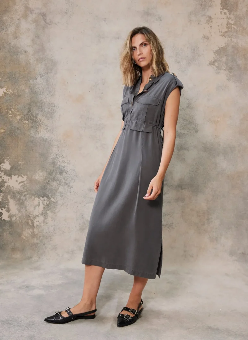 grey midi shirt dress utility style