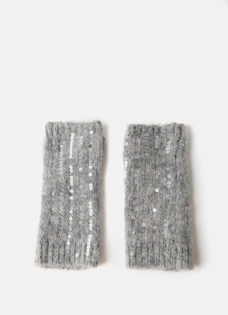 grey sequin wool blend knit gloves