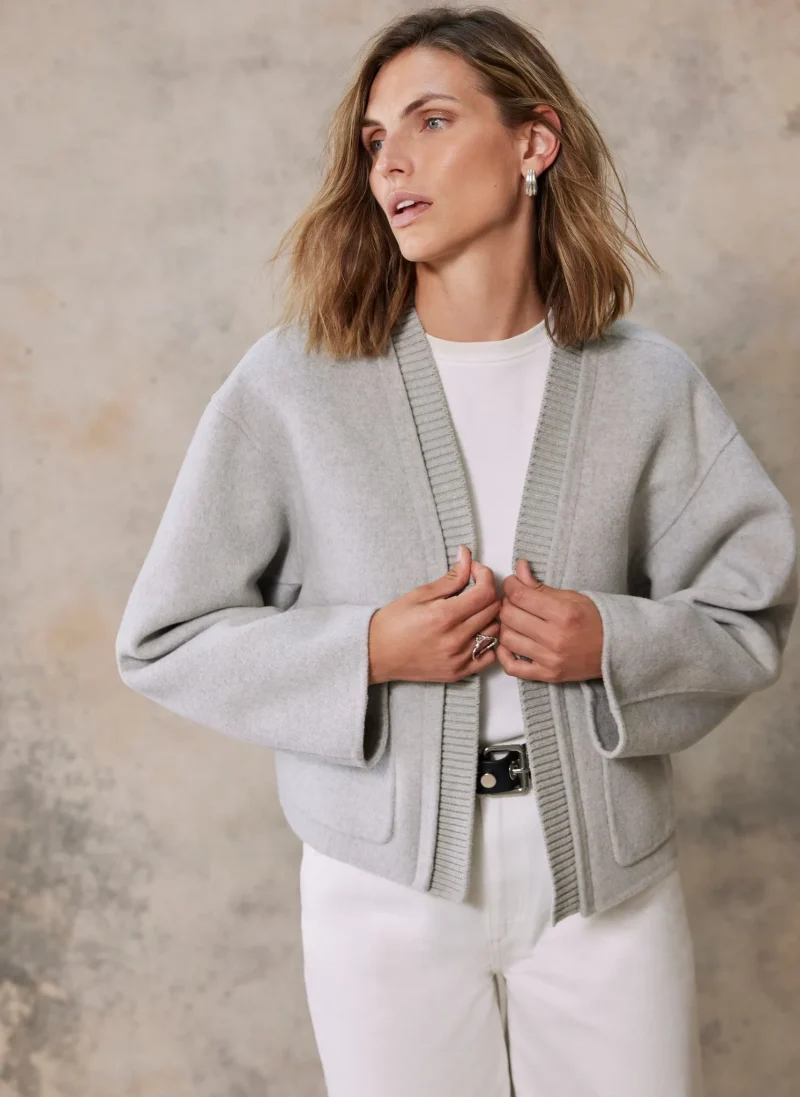 grey wool blend boxy jacket for women