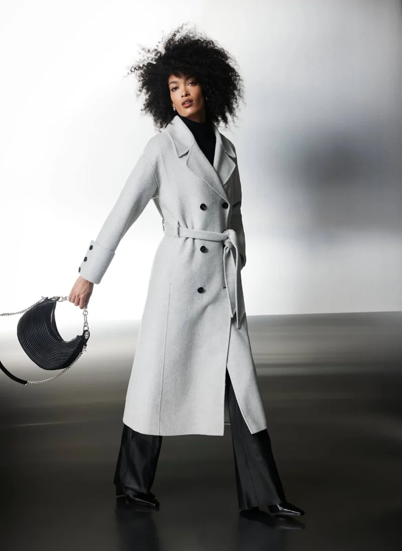 grey wool blend double faced trench coat