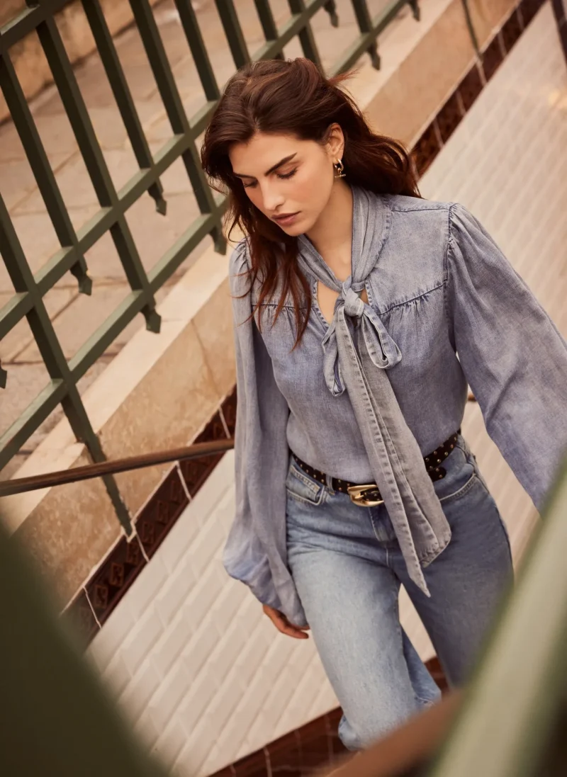 indigo denim bow tie blouse