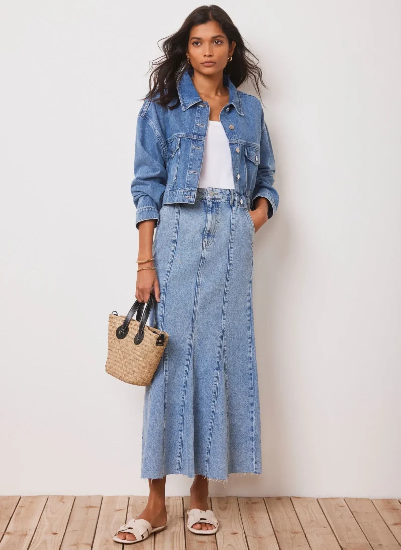 indigo denim maxi skirt with seam details