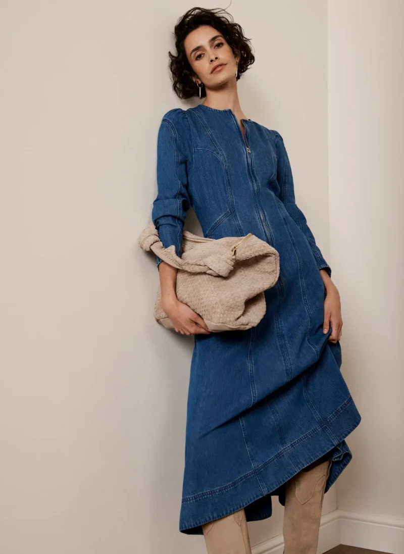 indigo denim midi dress with puff sleeves