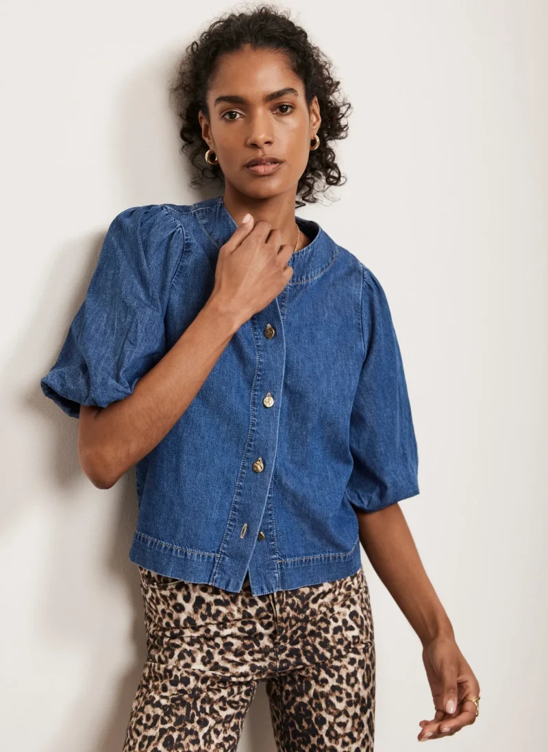 indigo denim puff sleeve blouse