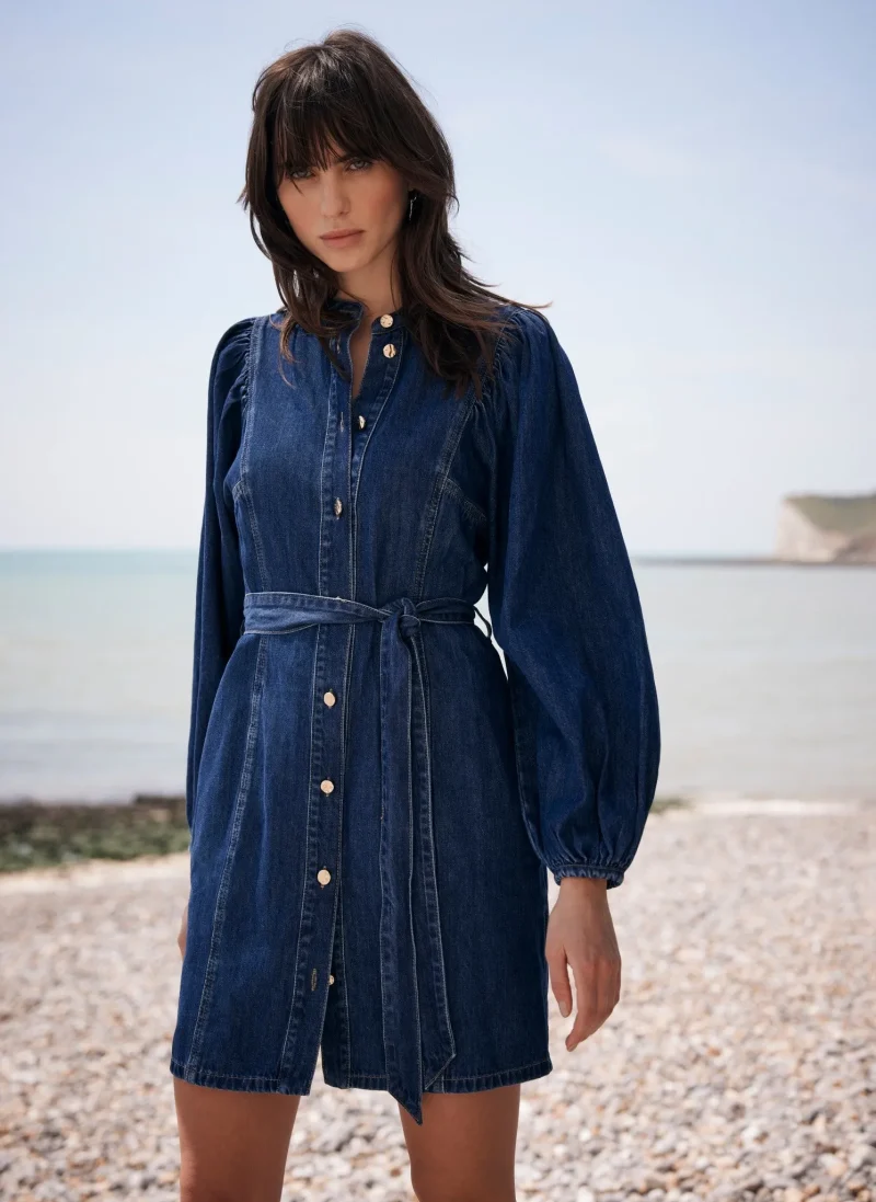 indigo denim sleeve volume mini dress