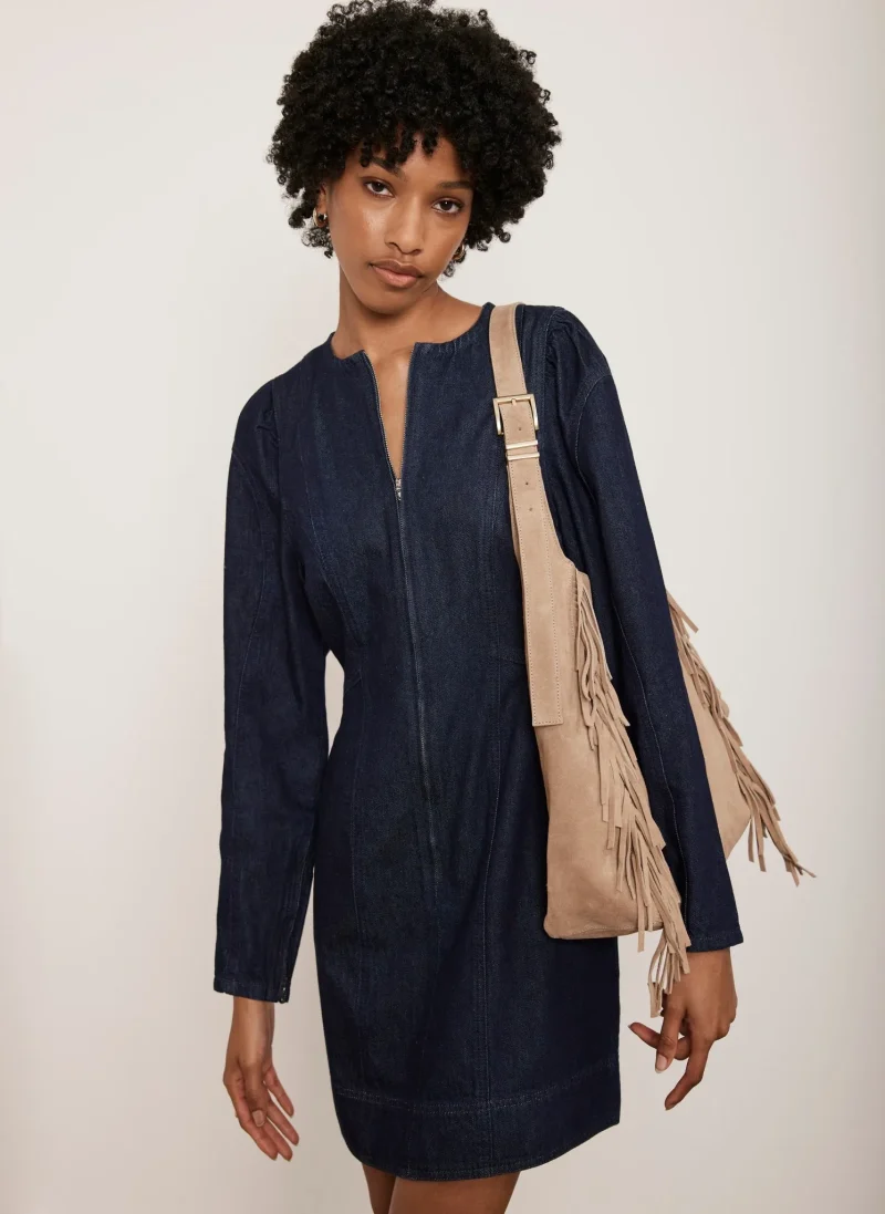 indigo puff sleeve mini denim dress