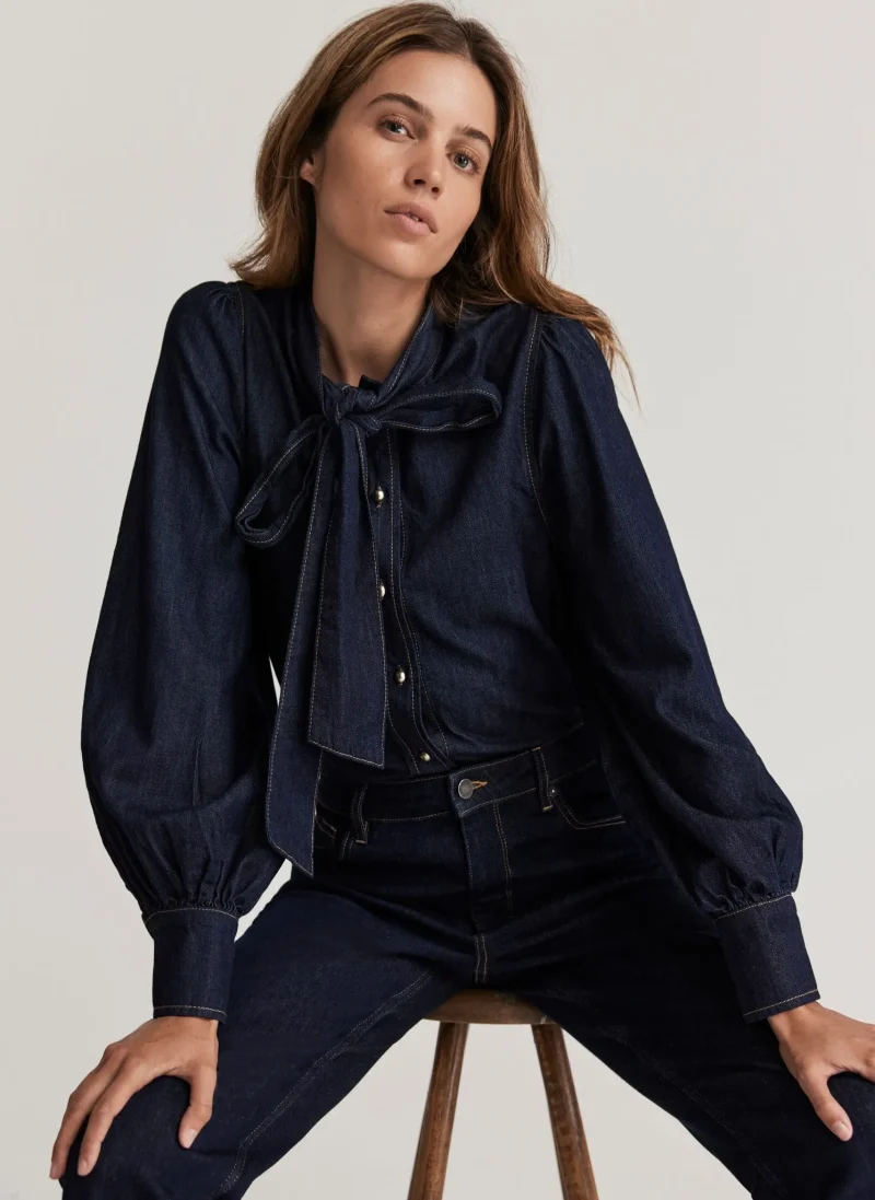 indigo tie neck denim shirt