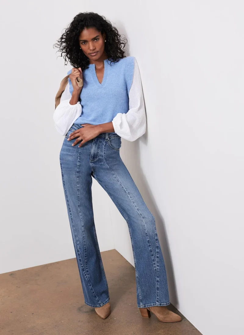 indigo wide leg jeans with seam details