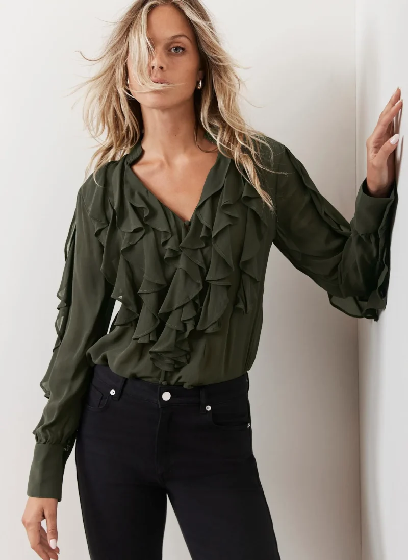 khaki ruffle top stylish versatile