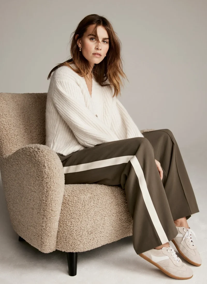 khaki straight leg trousers with side stripe