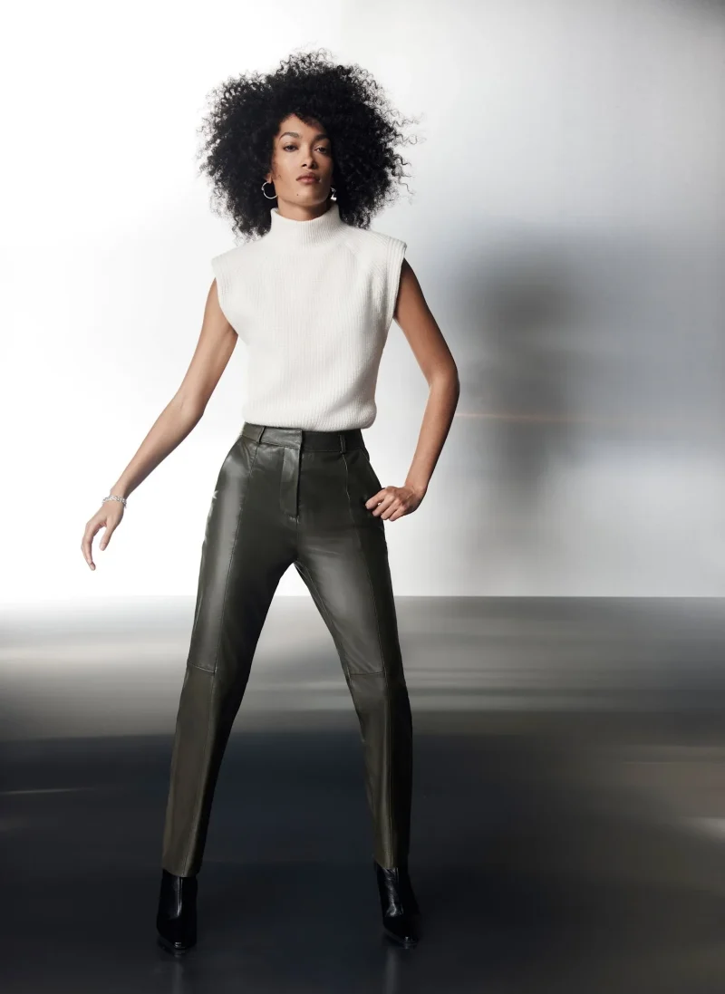 khaki tapered leather pants