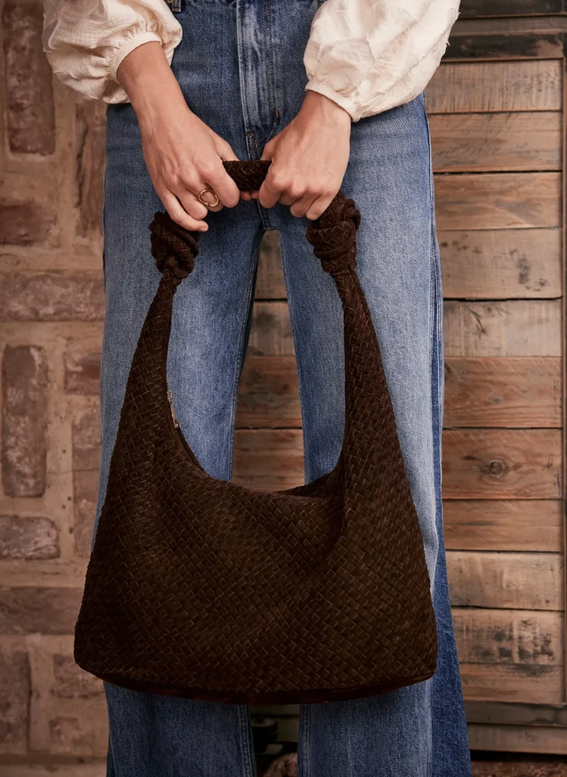 knotted brown suede woven bag