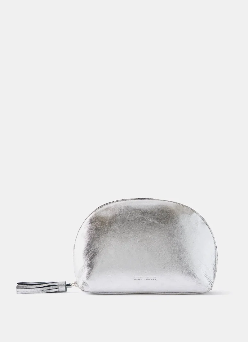 large silver leather toiletry bag