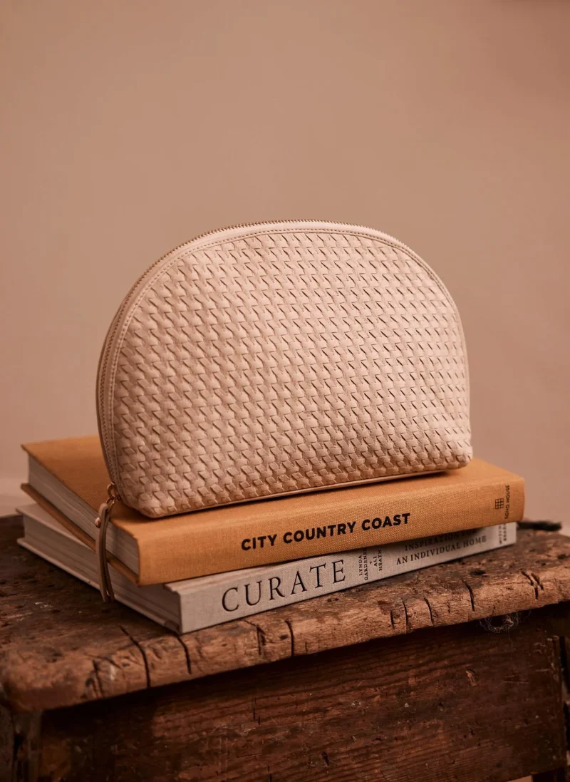 large woven leather wash bag cream