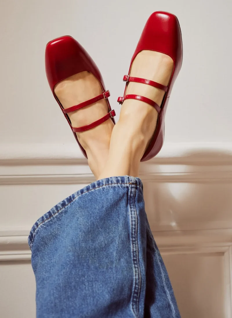 leather ballet flats red