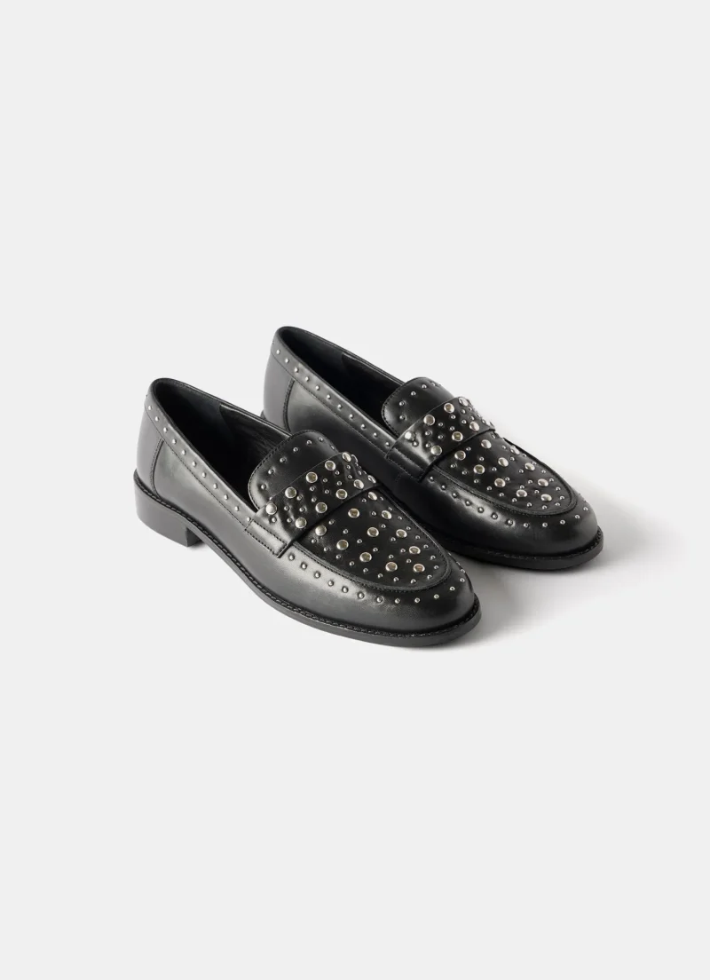 leather studded penny loafers in black