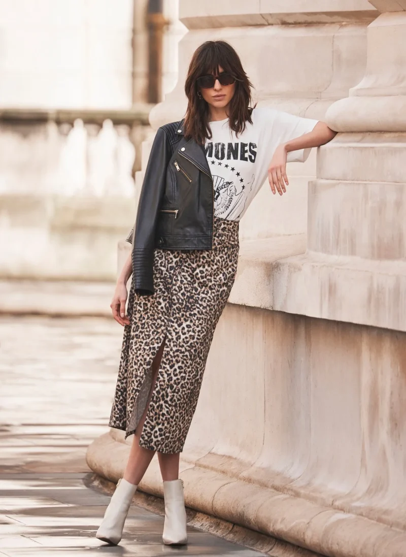 leopard print midi denim skirt