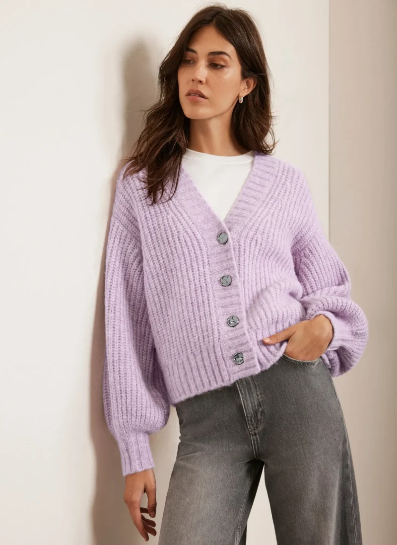 lilac balloon sleeve cardigan for women