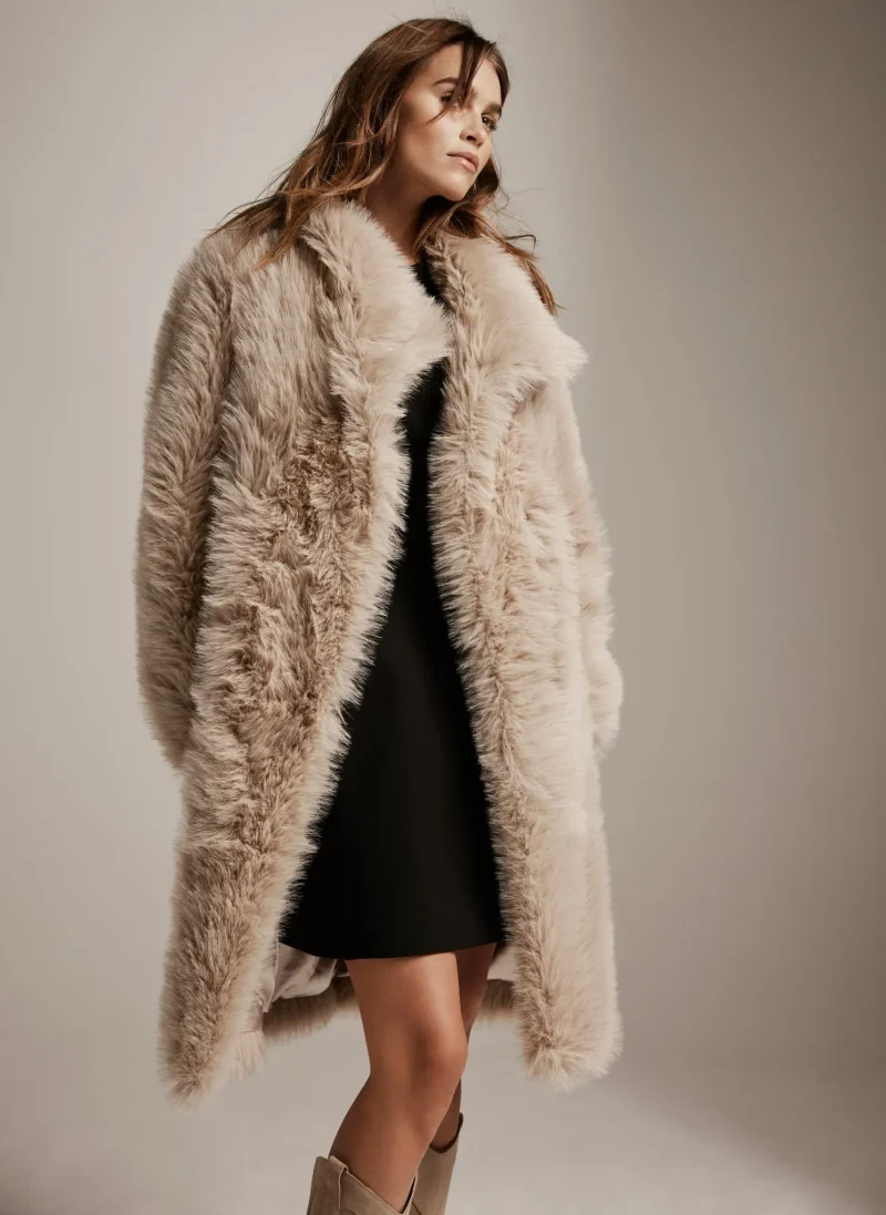 longline faux fur coat in neutral