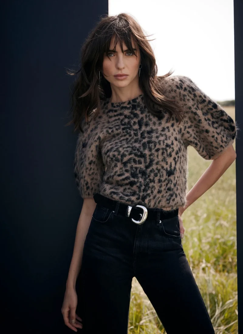 luxurious leopard print knit top in wool blend