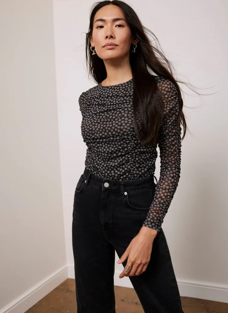 mesh polka dot ruched crop top