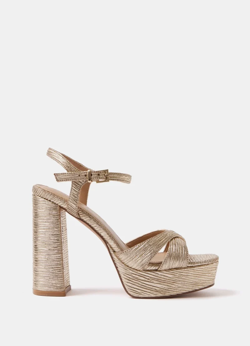 metallic gold pliss block heel pumps