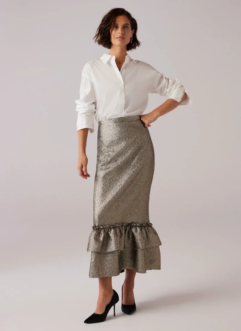 metallic gold ruffle midi skirt