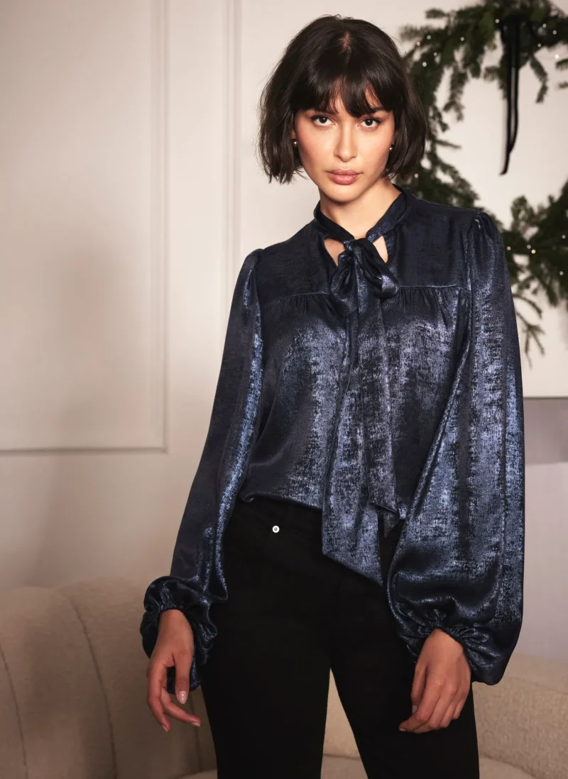 metallic navy tie neck blouse