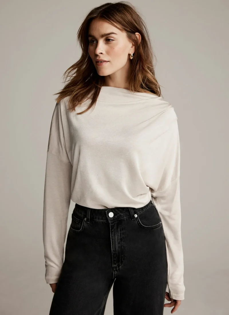 metallic ruched long sleeve top neutral