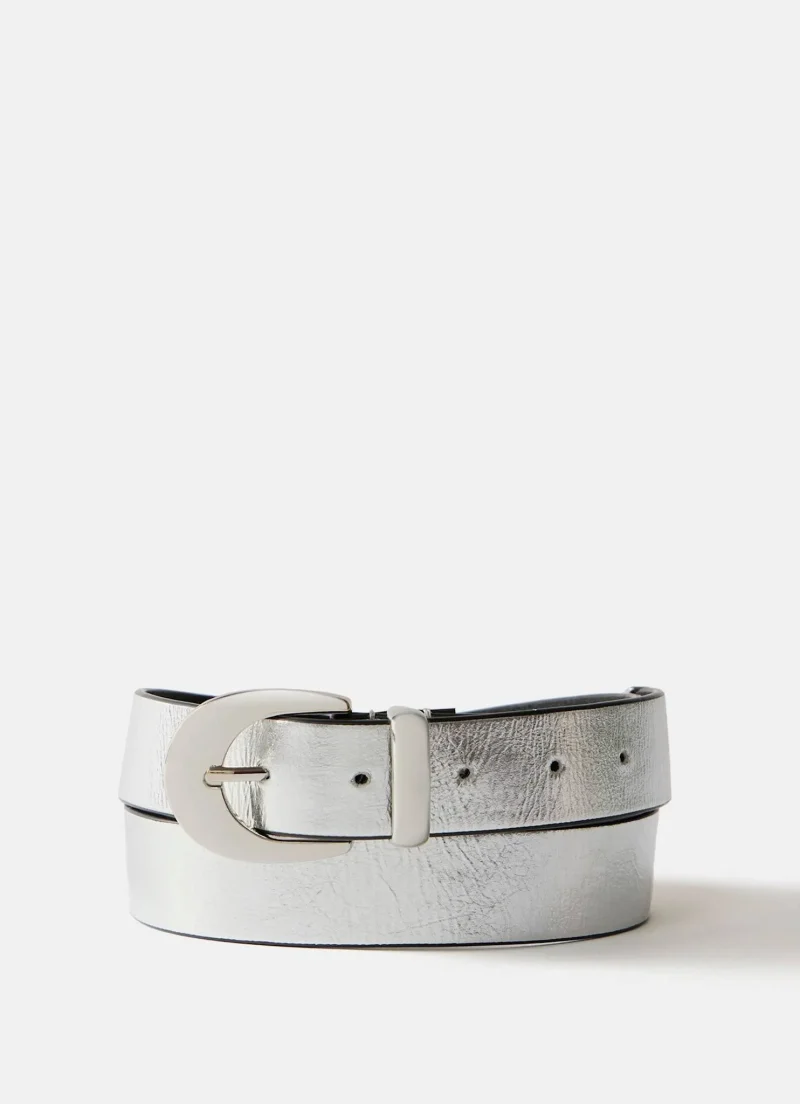 metallic silver leather belt