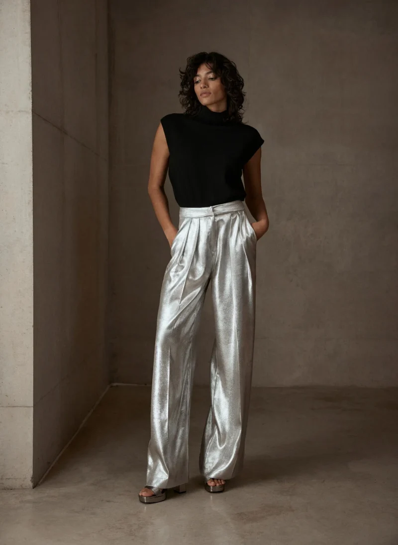 metallic wide leg trousers