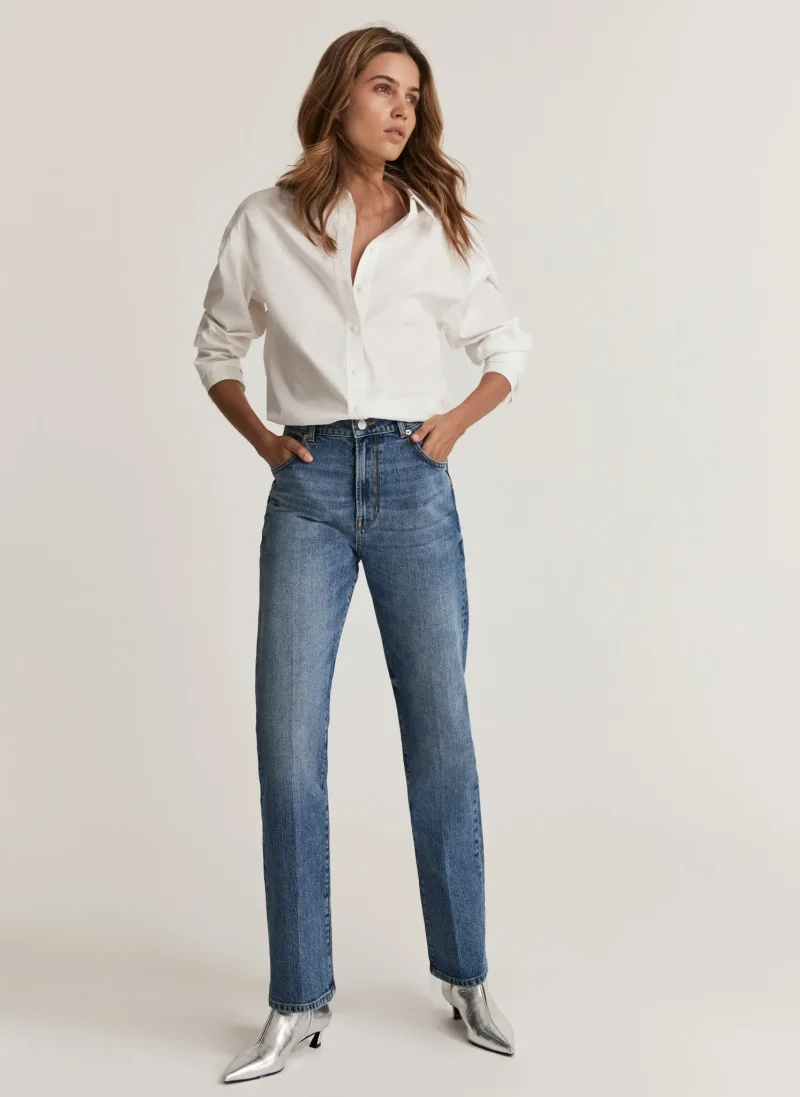 mid rise indigo straight leg jeans