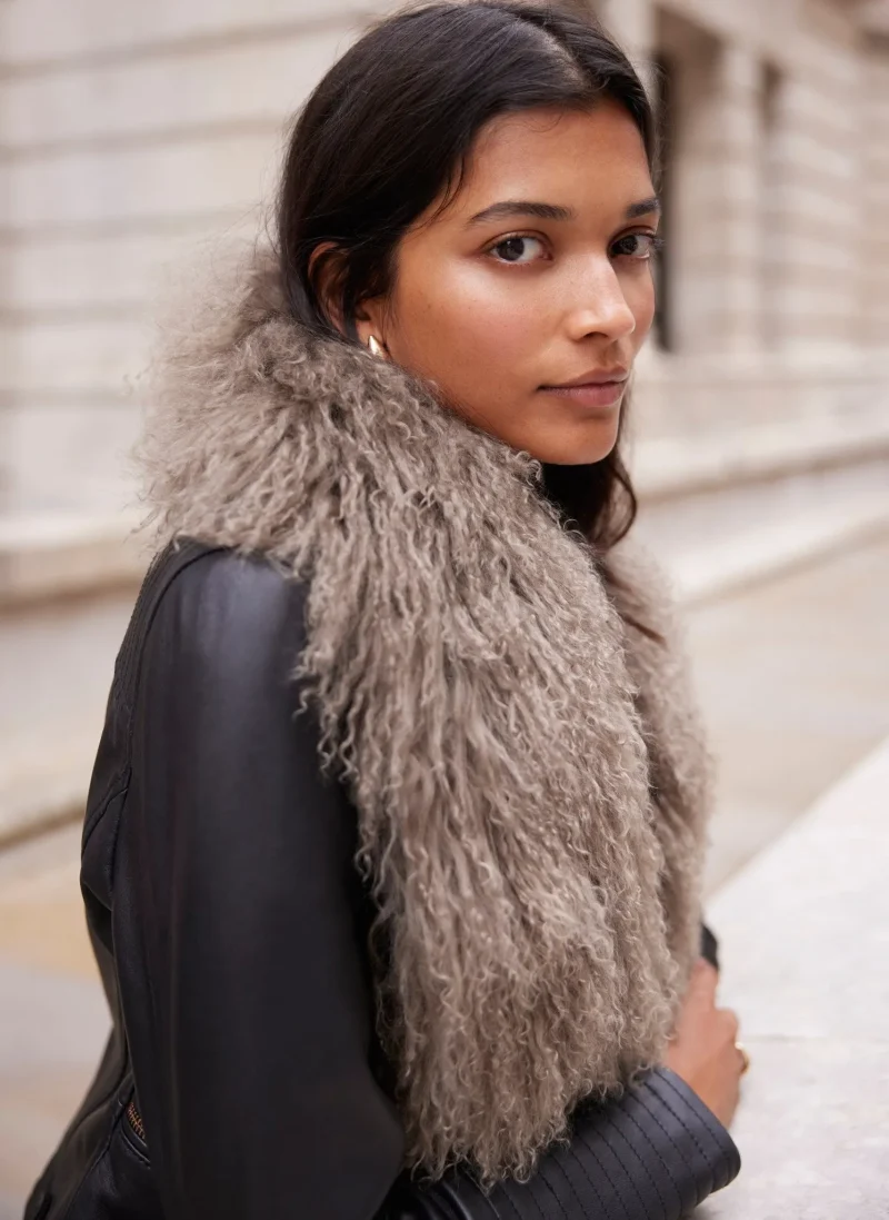 mongolian fur scarf in khaki