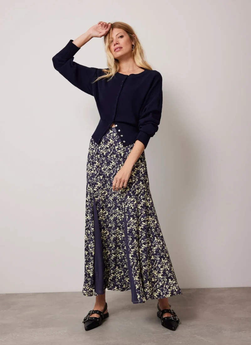 navy floral godet maxi skirt