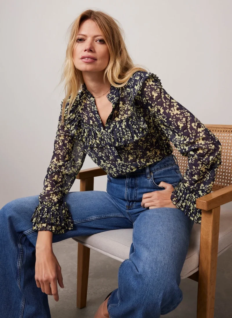 navy floral print casual blouse