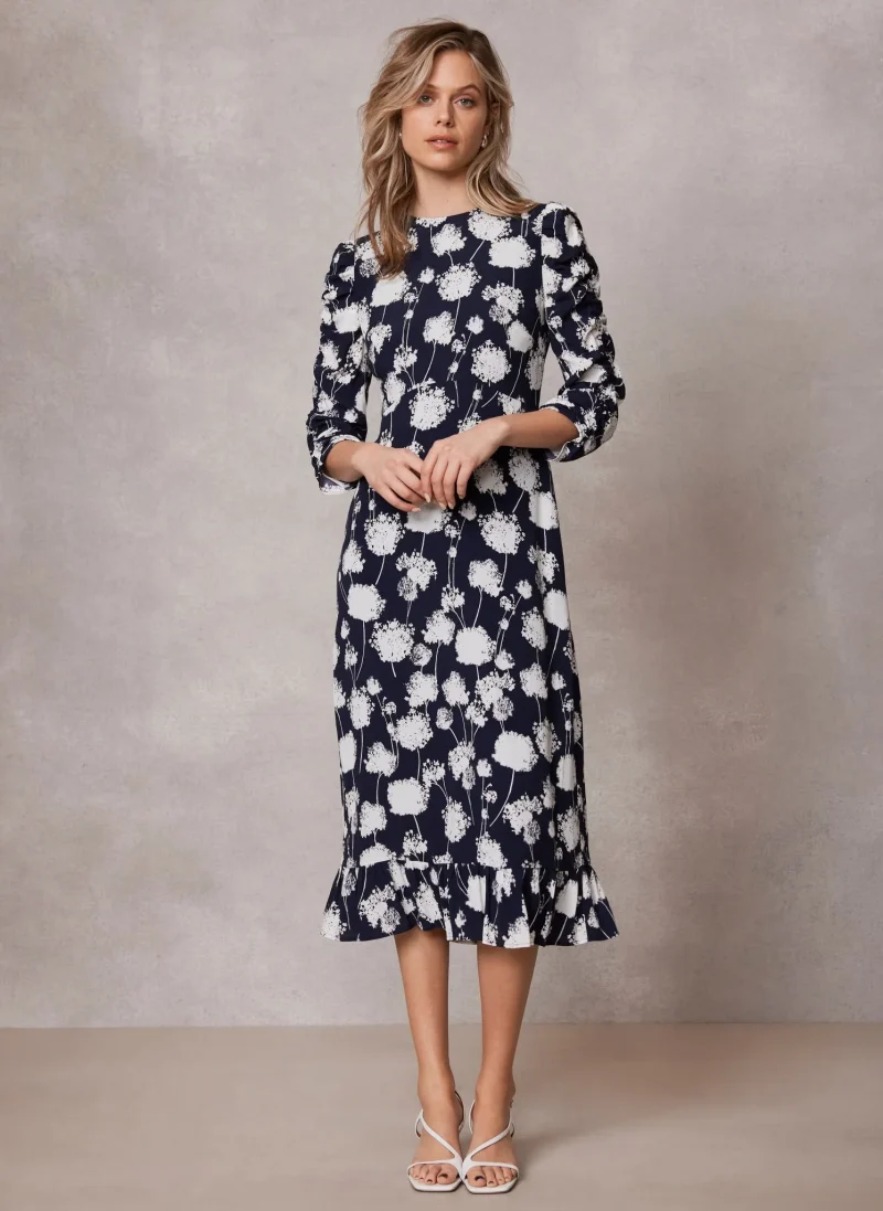 navy floral ruffled midi dress