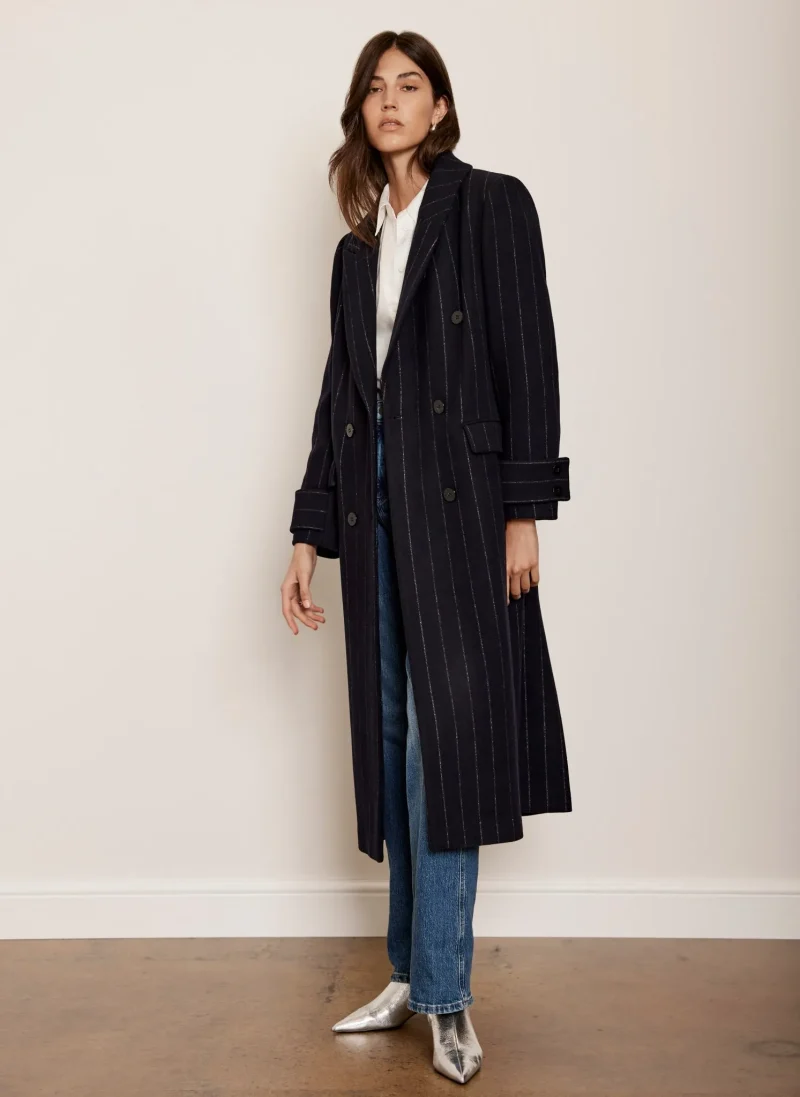 navy pinstripe wool long coat