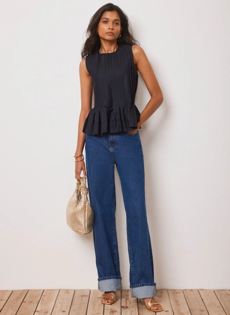 navy pleated cotton peplum blouse