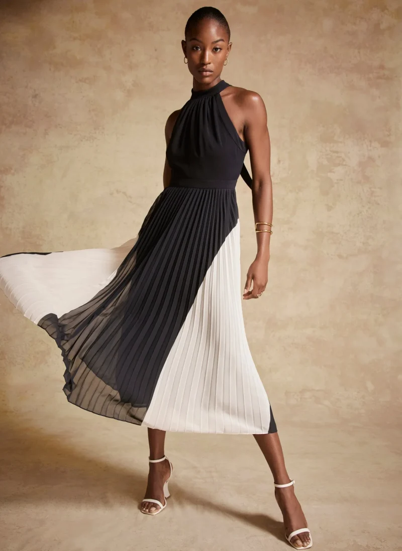 navy pleated maxi dress with colour block design