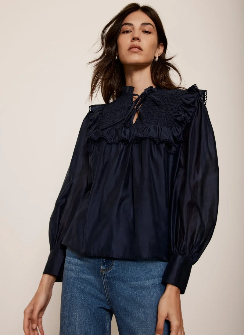 navy ruffle tie front blouse