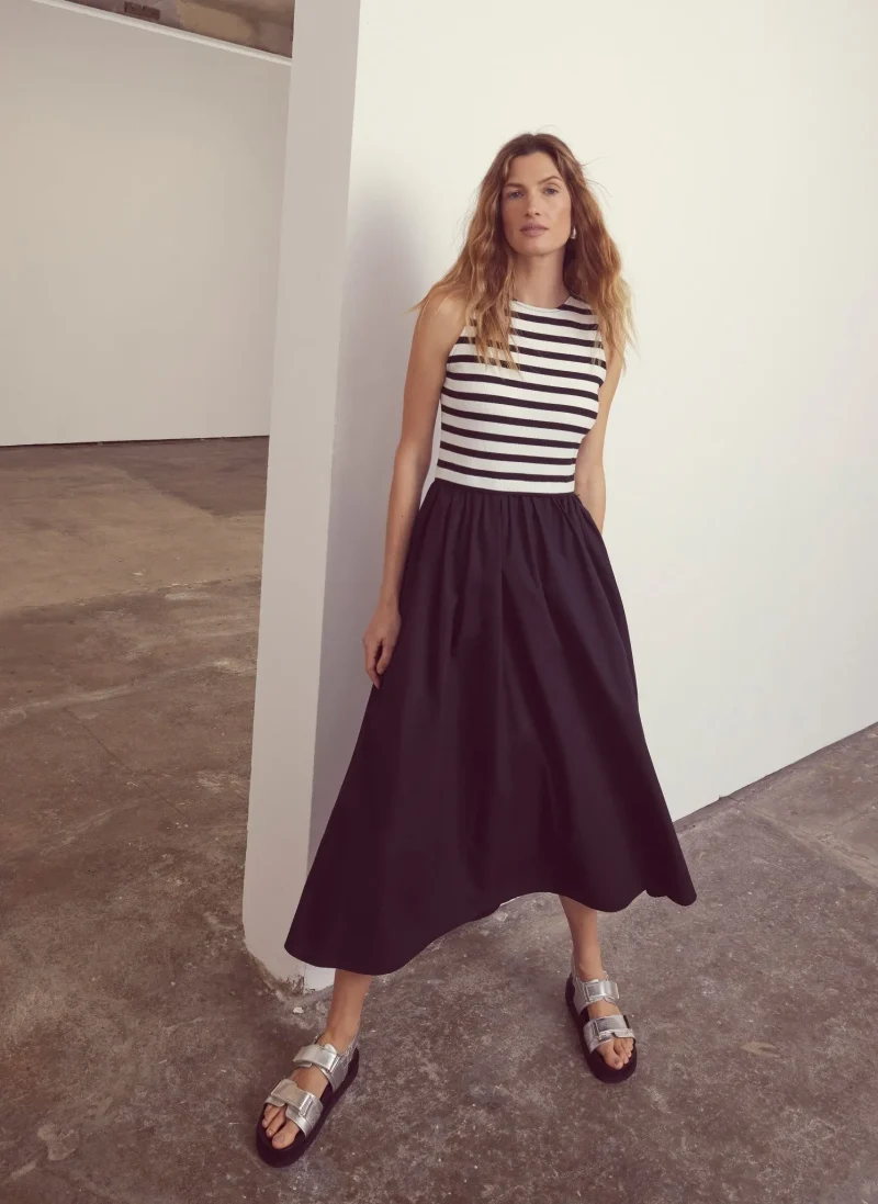 navy striped midi dress comfortable jersey fabric