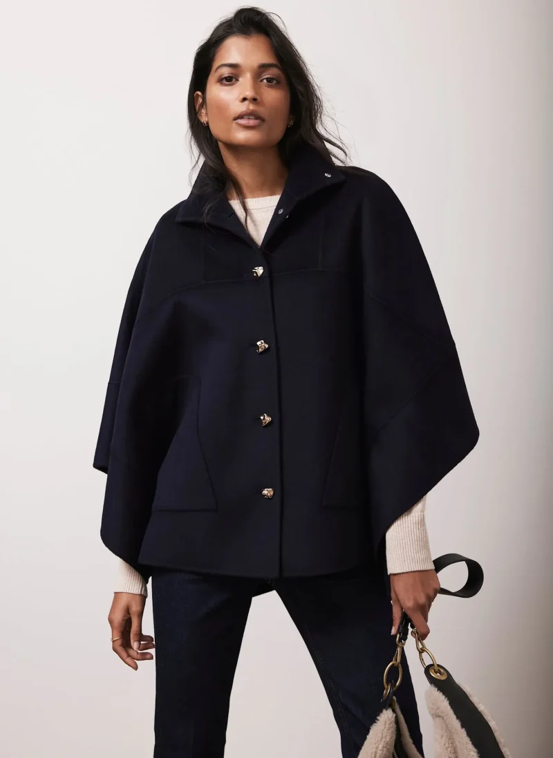 navy wool blend cape jacket for women