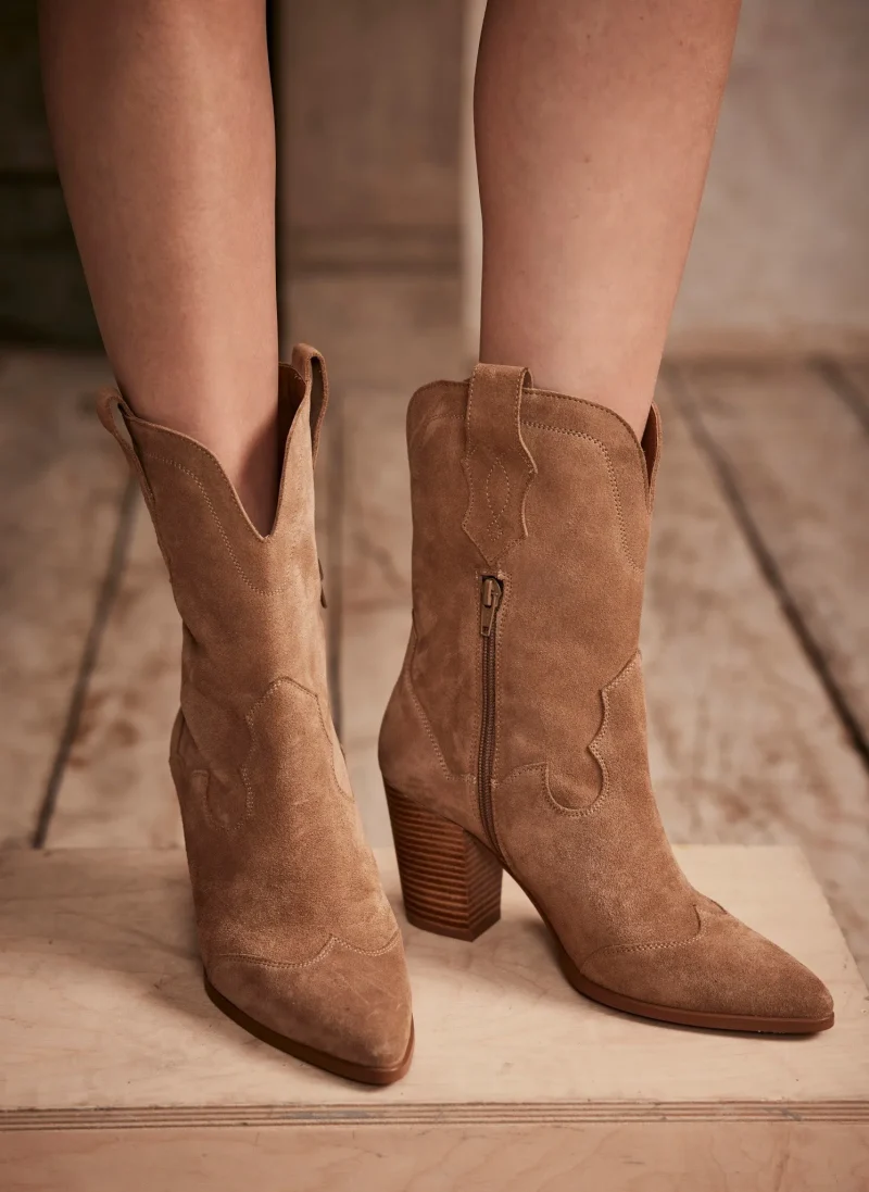 neutral suede cowboy ankle boots