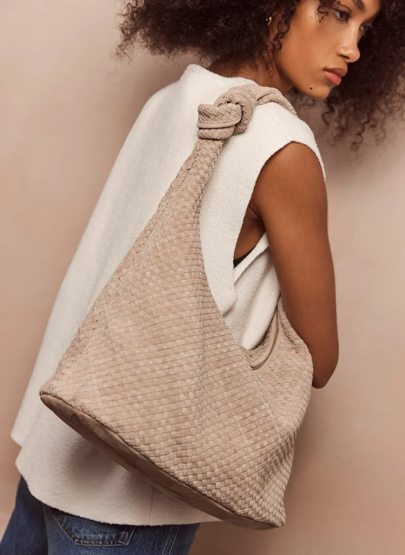 neutral suede knot handle tote bag