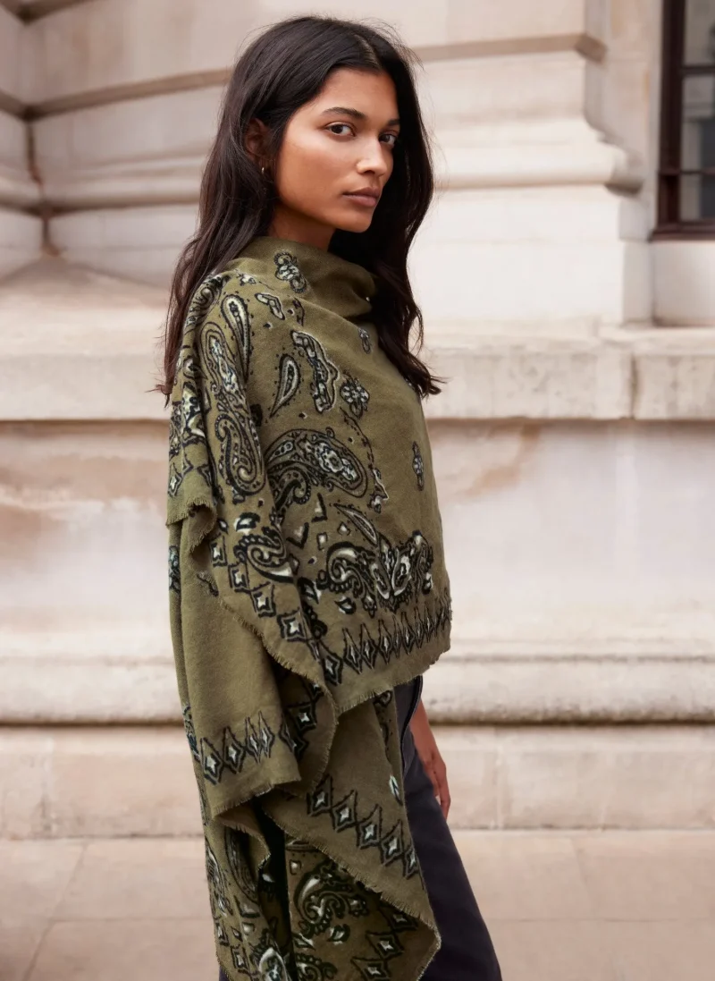 paisley print khaki cape for women