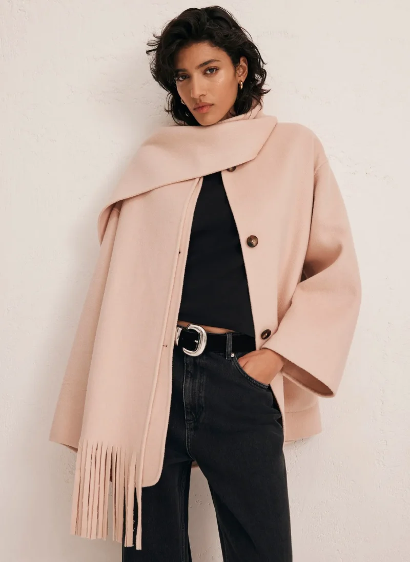 pink fringe scarf coat for women