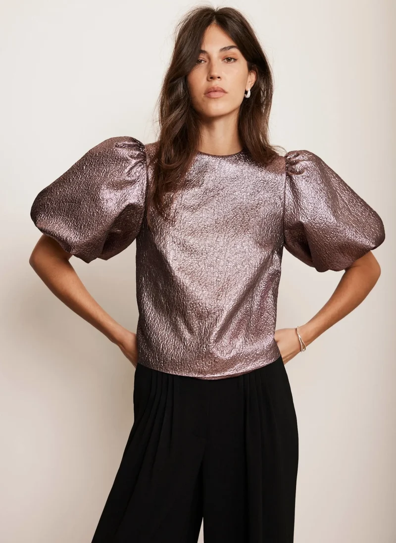 pink metallic puff sleeve blouse